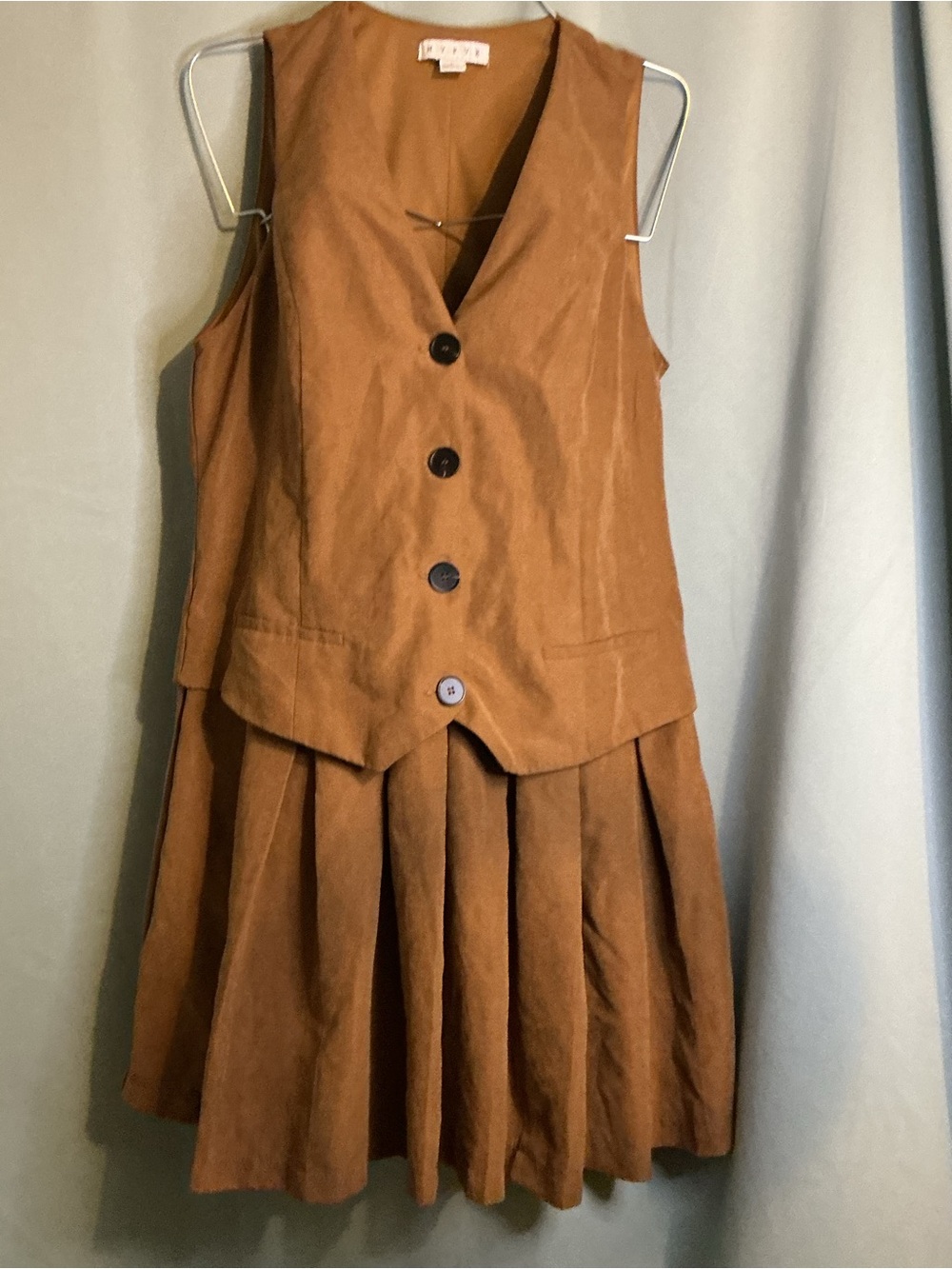 HYFVE Brown Corduroy Pleated Dress with Button Vest